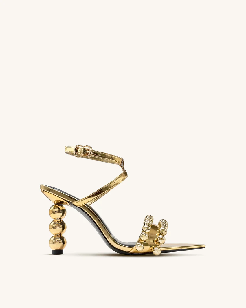 Mia Strappy High Heels With Beaded Detail - Gold