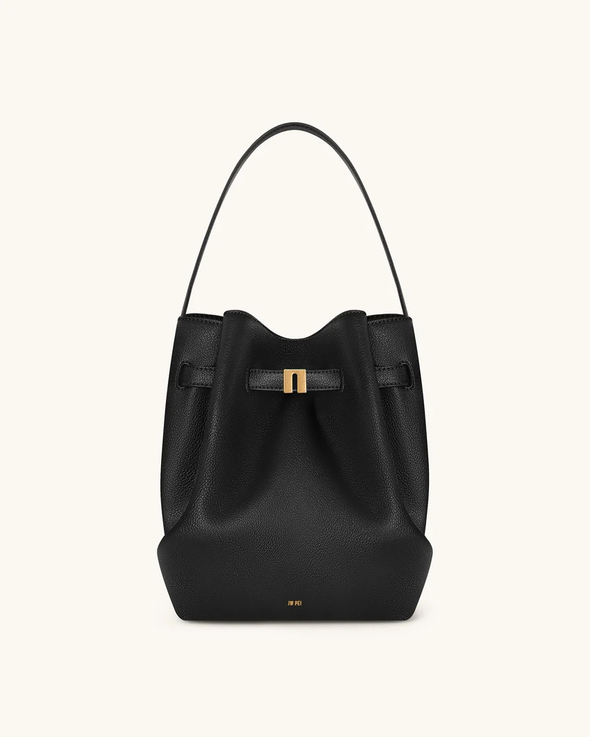 Clara Lock Accent Bucket Shoulder Bag - Black