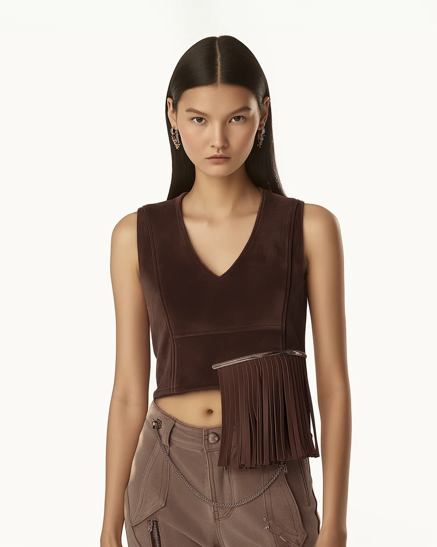 Faux Suede V-Neck Fringe Top - Chocolate Brown