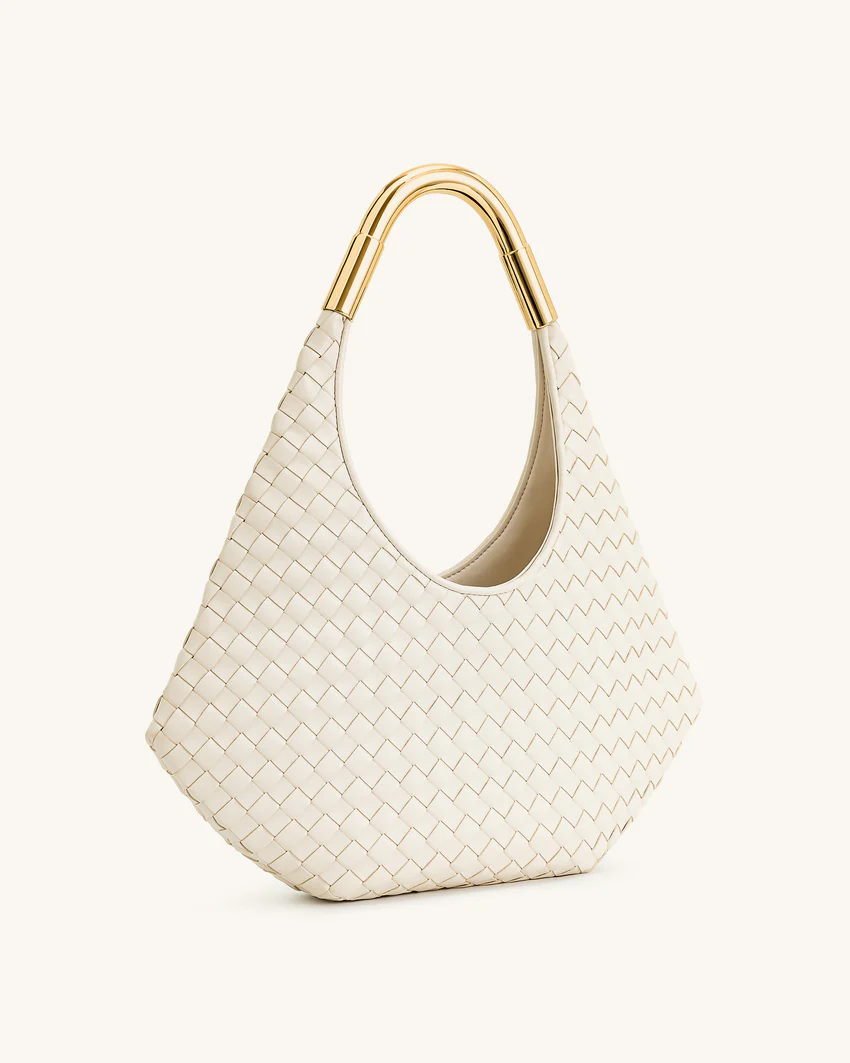 Olivia Hand-Woven Metal Handle Hobo Bag - White