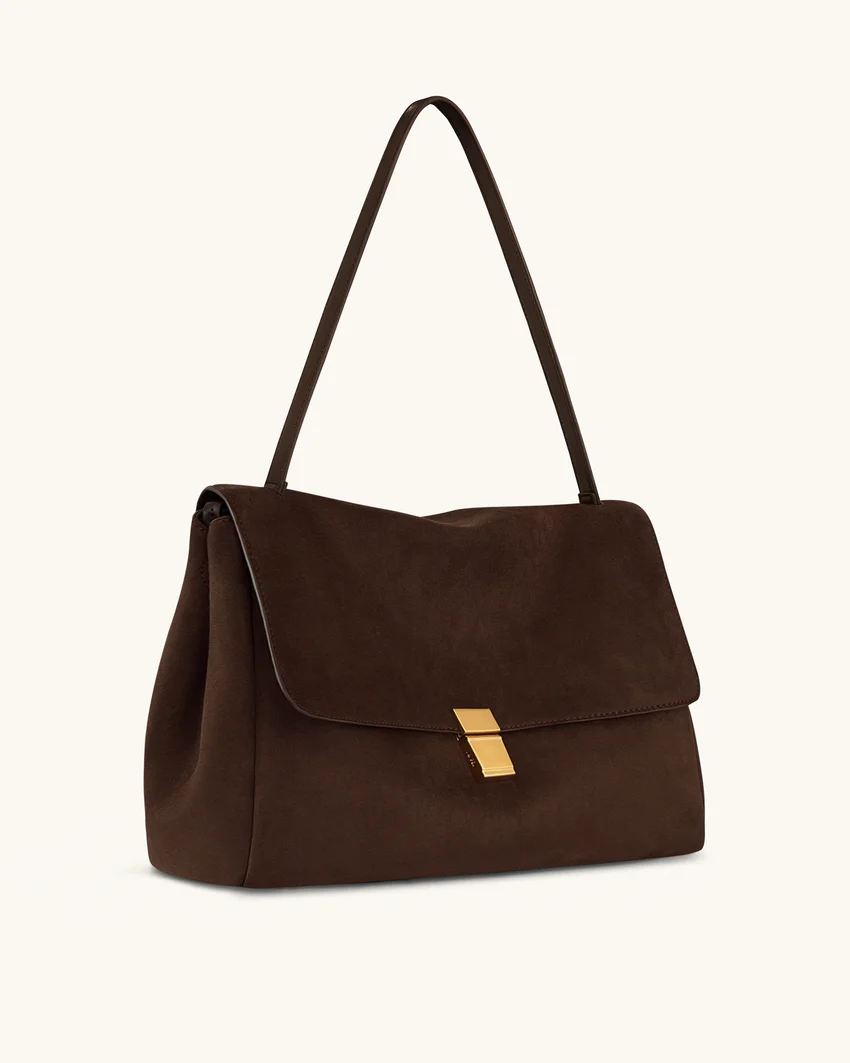 Hilary Faux Suede Shoulder Bag - Dark Brown