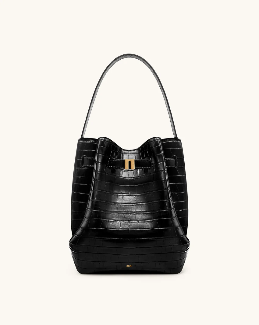 Clara Lock Accent Bucket Shoulder Bag - Black Croc