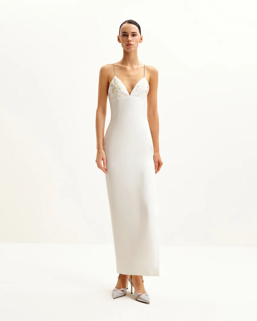 Ayliua Sweetheart-Neckline Rhinestones Embellished White Long Dress - White