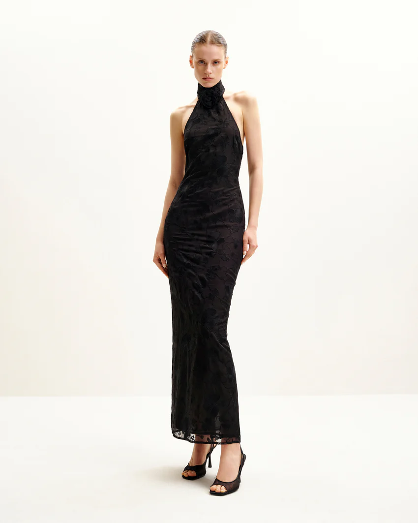 Uliana Black Floral Lace Halterneck Maxi Dress - Black
