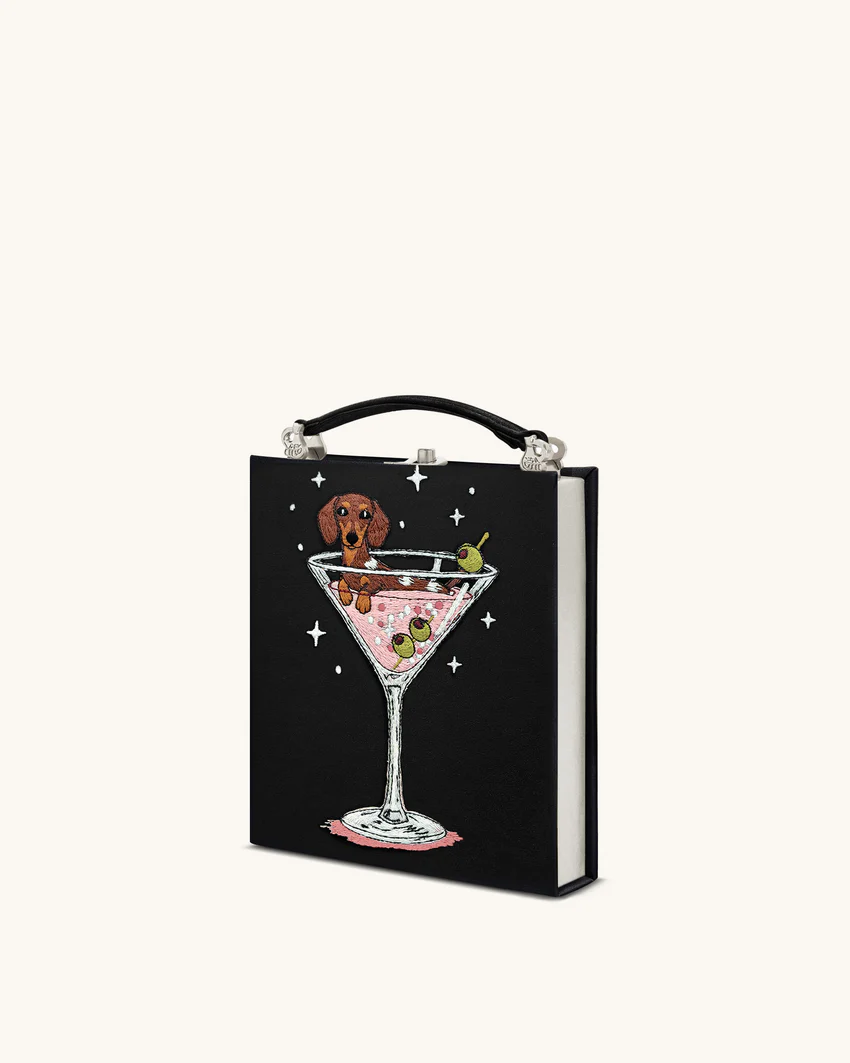 Taya Wine Glass Puppy Pattern Book Shape Clutch Bag - Black