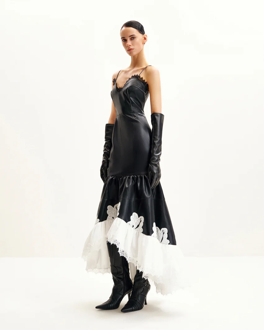 Zora Lace Trim Leather Dress - Black