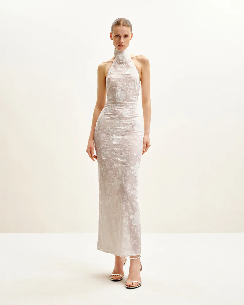 Uliana White Floral Lace Halterneck Maxi Dress - White