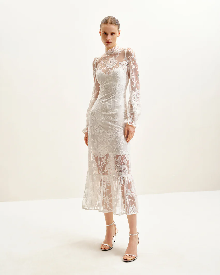 Elegant Lace Midi Dress - White