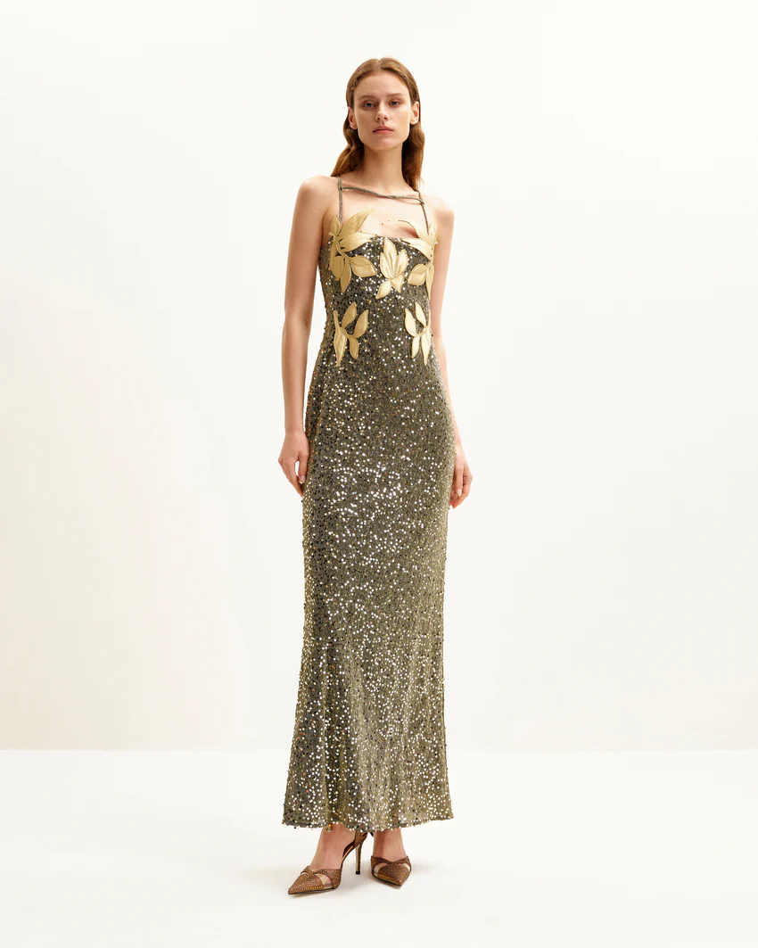 Araminta Sequined Gown with Floral Details - Gold