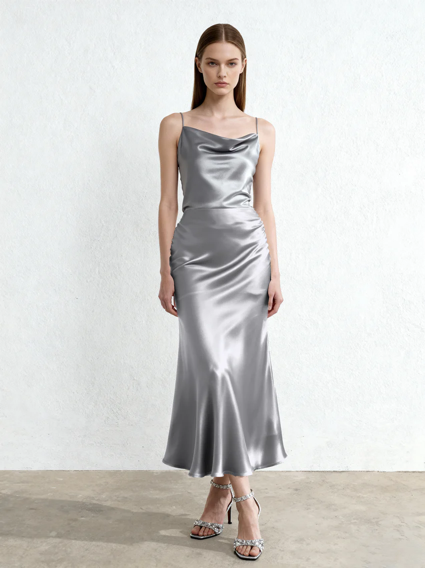 Liquid Satin Mermaid Maxi Skirt - Silver