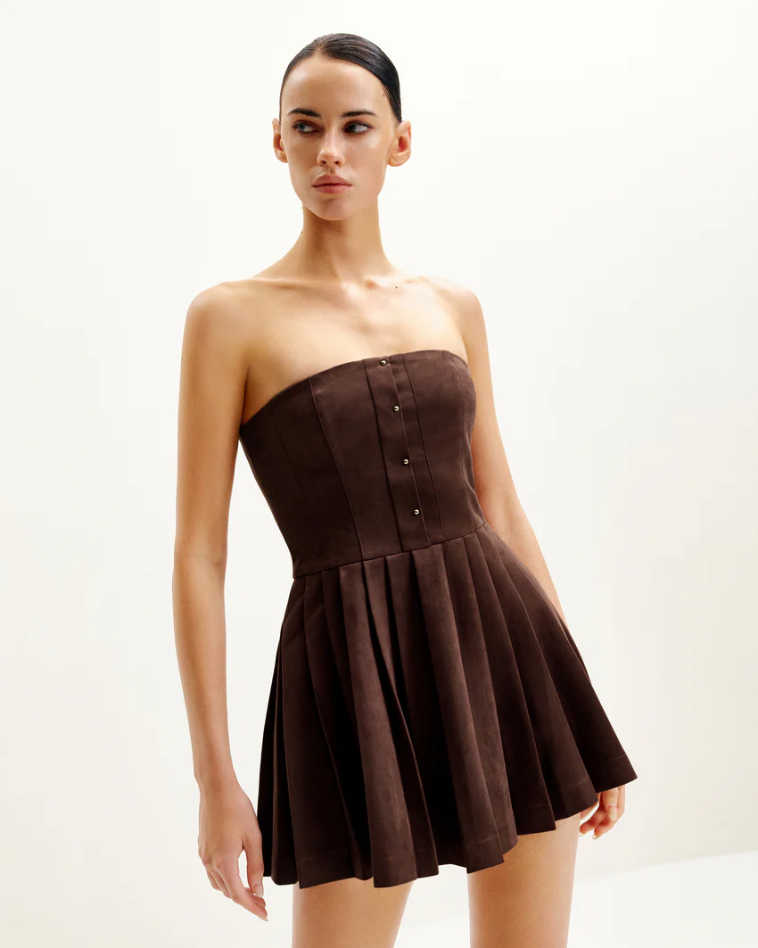 Ellie Pleated Velvet Dress - Chocolate Brown
