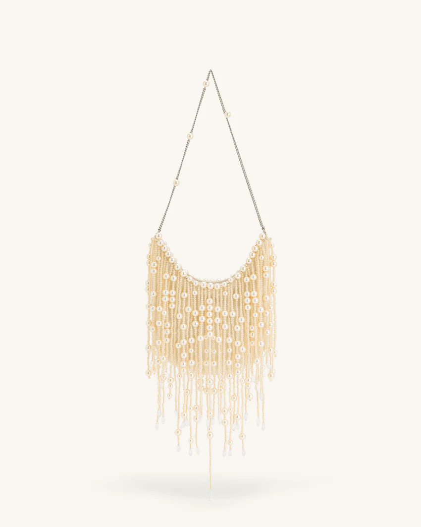 Elaine Pearl-Embellished Fringe Bag - White