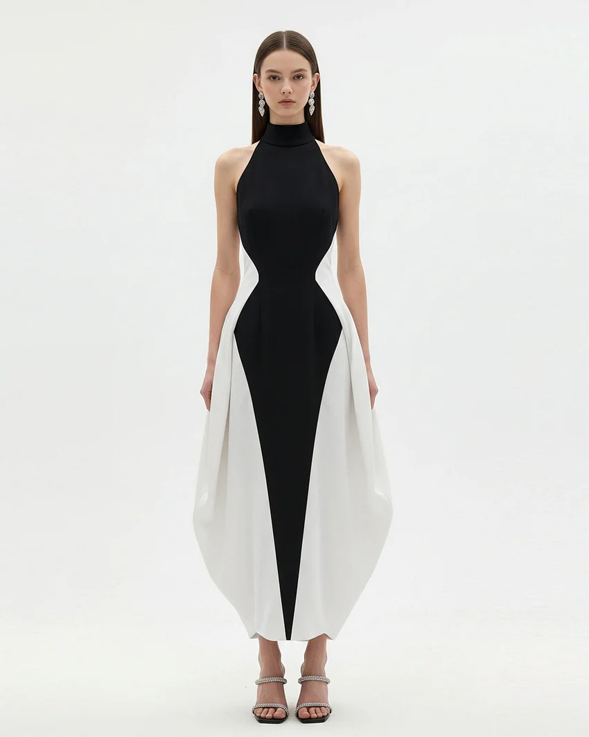 Monochrome Paneled Maxi Dress – Black