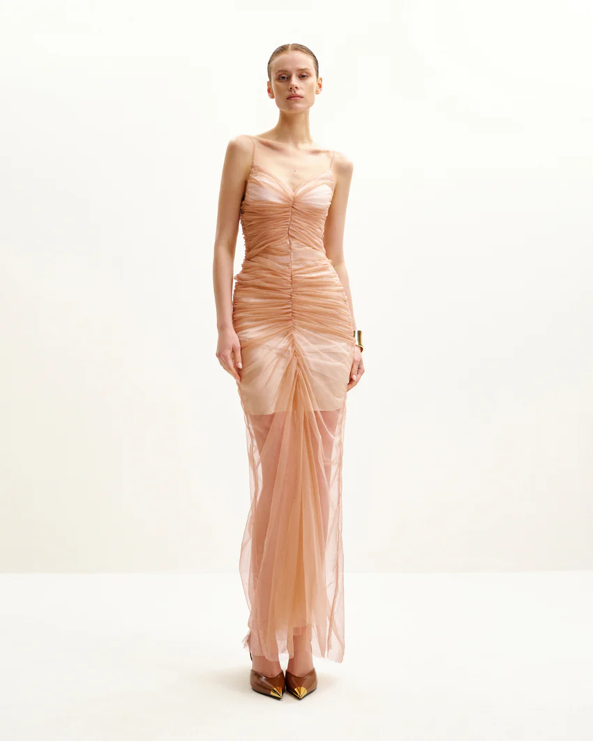Piper Draped Mesh Evening Gown - Cinnamon