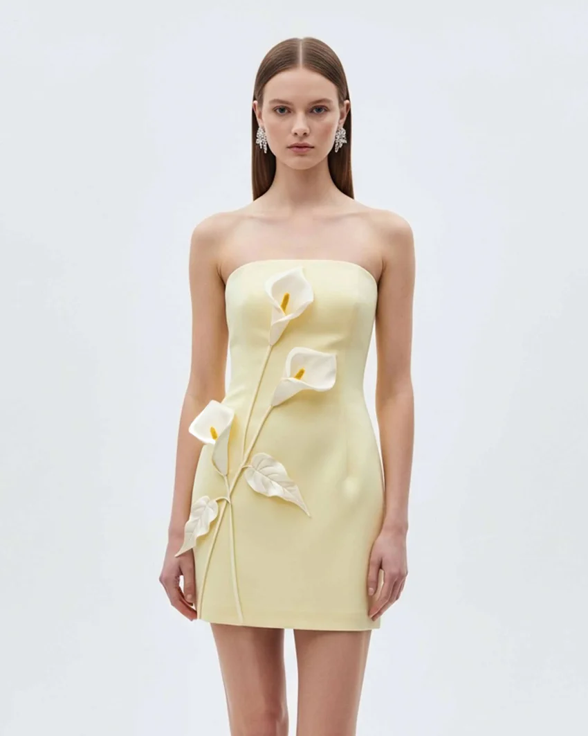 Strapless Floral Appliqué Dress - Yellow