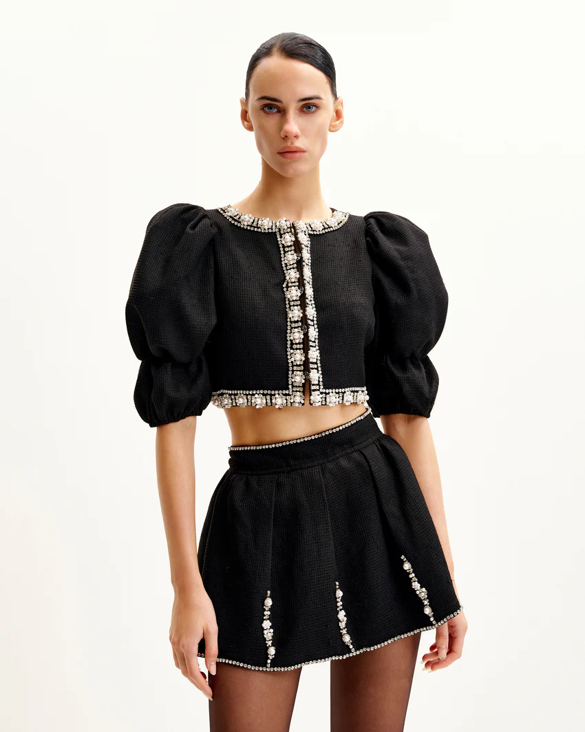 Pearl-Embellished Tweed Set - Black