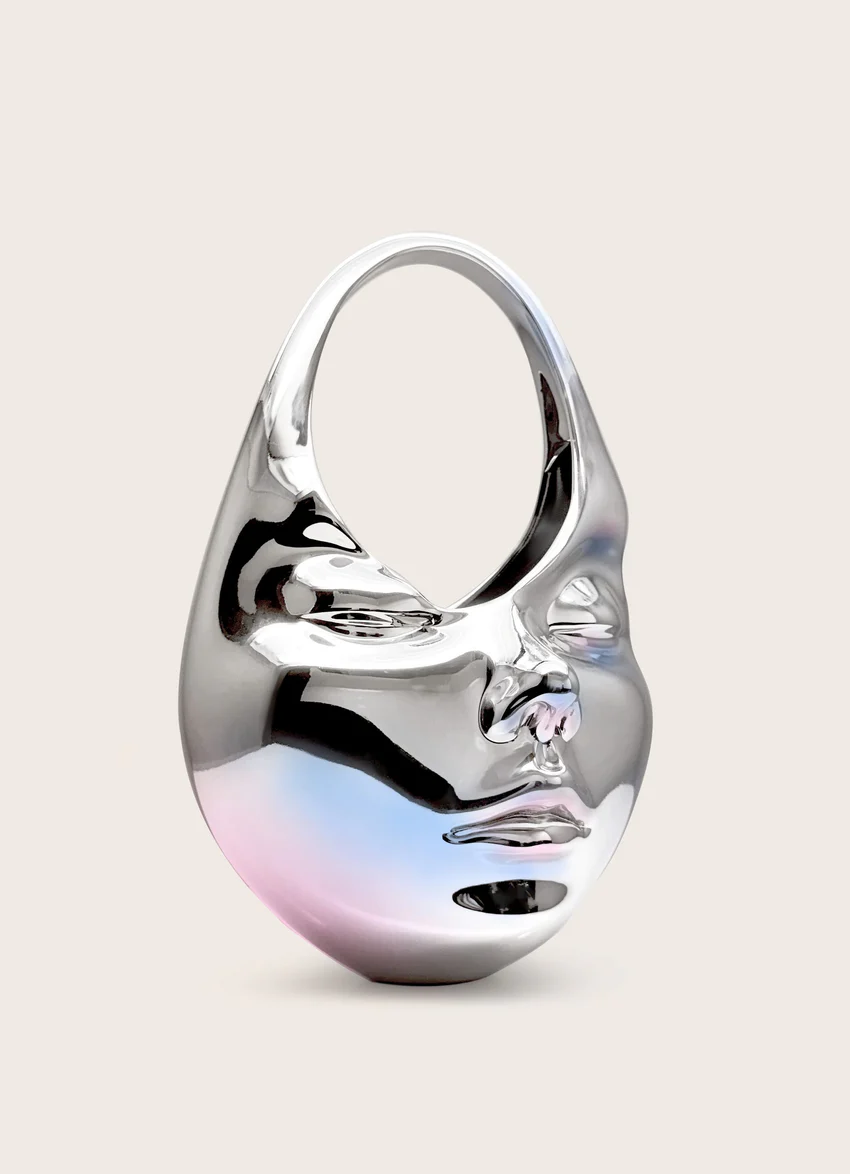 Lillian Face Crescent Top Handle Bag - Silver