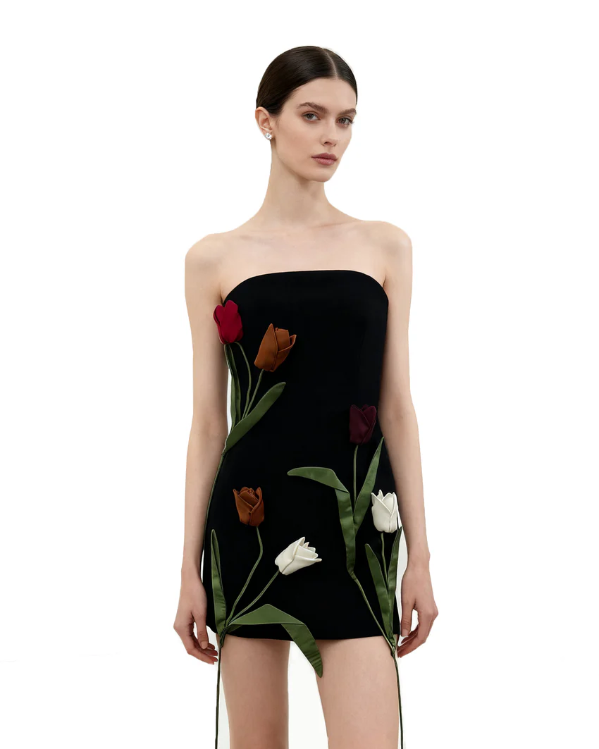 Tulip Appliqué Strapless Dress - Black