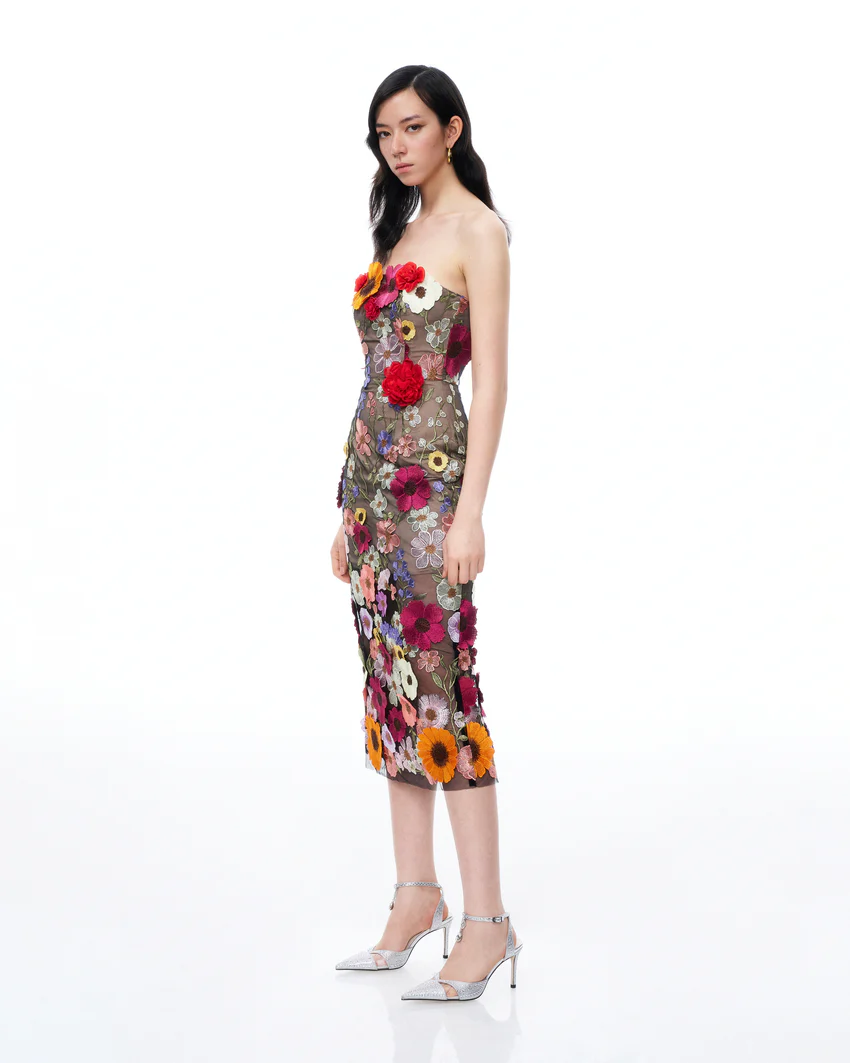 Isolde 3D Floral Embroidered Maxi Dress - Black Multi