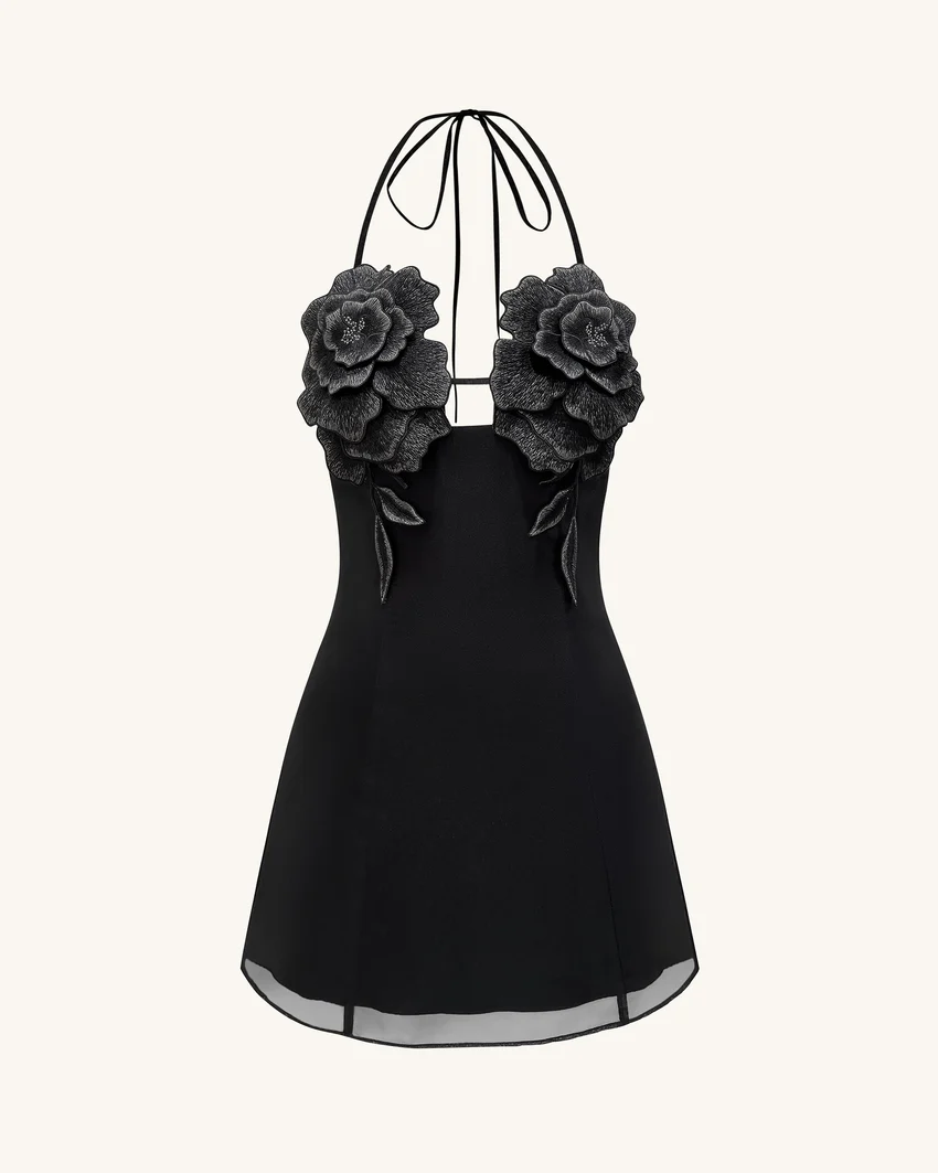 Flower Embroidered Mini Dress - Black