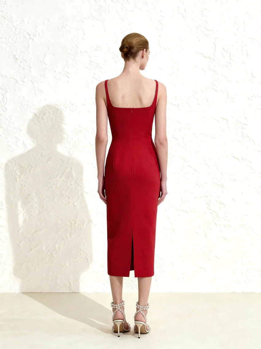 3D Floral Appliqué Square-Neck Sheath Midaxi Dress - Red