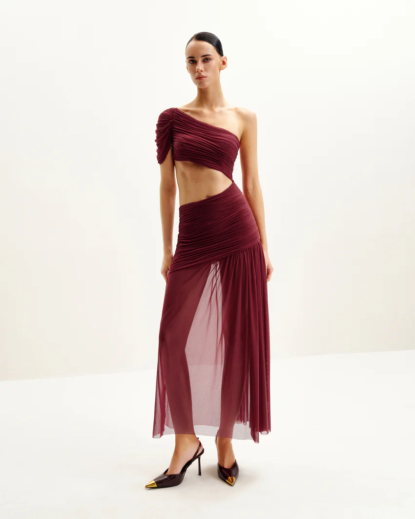 Mia Pleated Mesh Dress - Burgundy