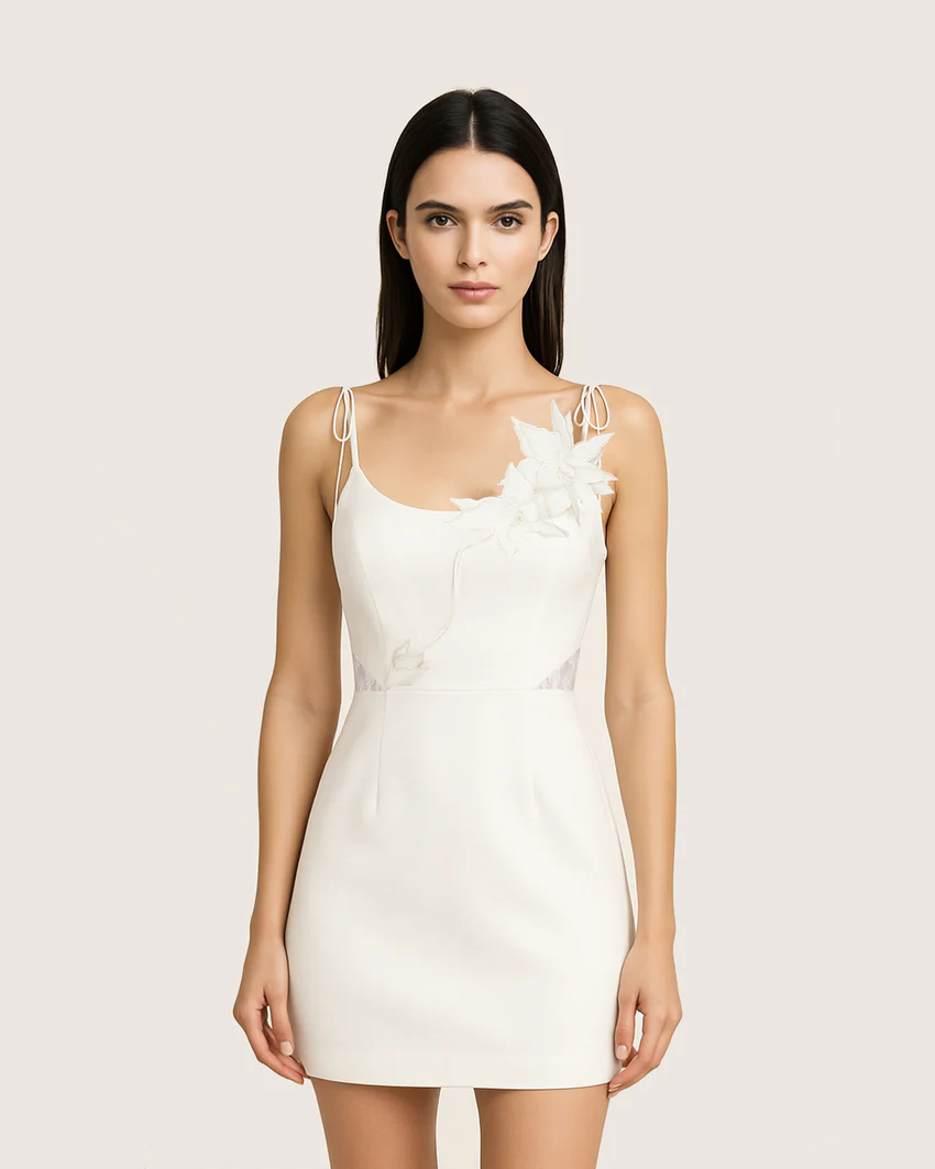 Floral Vine Tie Dress - White