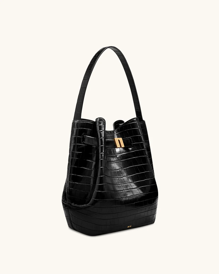 Clara Lock Accent Bucket Shoulder Bag - Black Croc