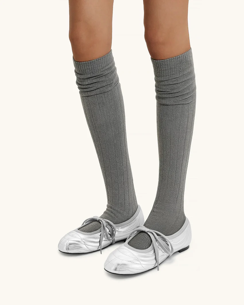 Erika Topstitching lace-up ballet Flats- Silver