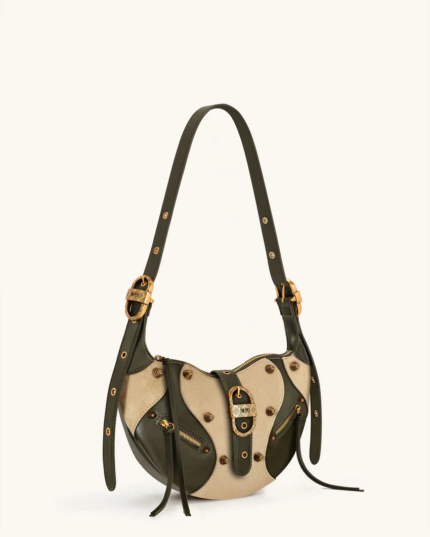 Tessa Faux Suede Studded Shoulder Bag - Khaki Green