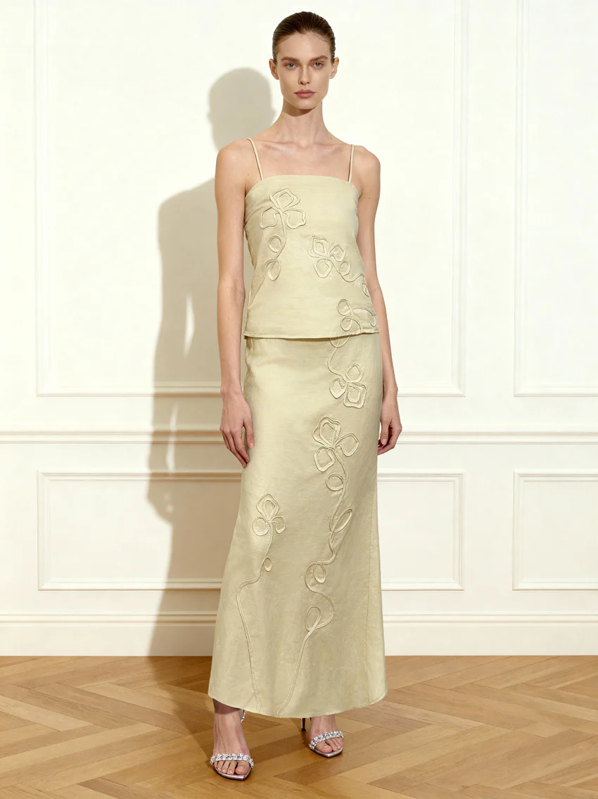 Linen Corded Embroidery Strappy Camisole - Natural