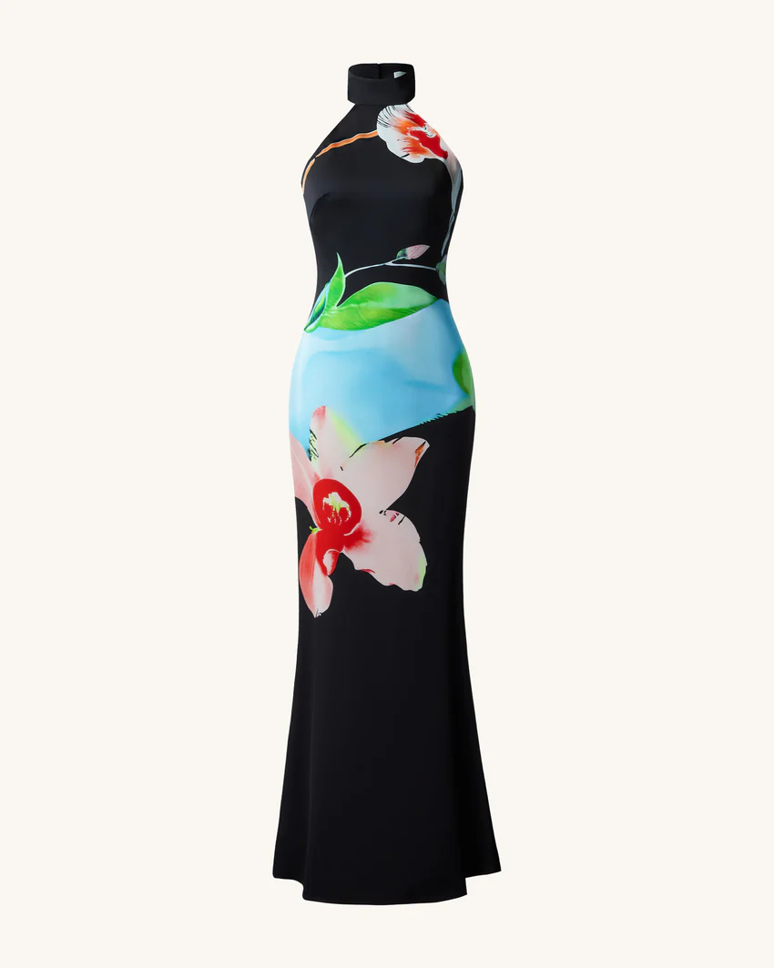 Floral Satin Halter Dress - Multicolor Black