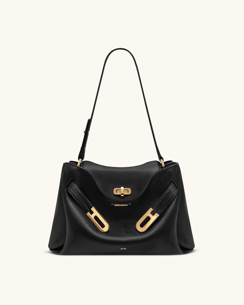 Rhea Pebbled Double Buckle Shoulder Bag - Black