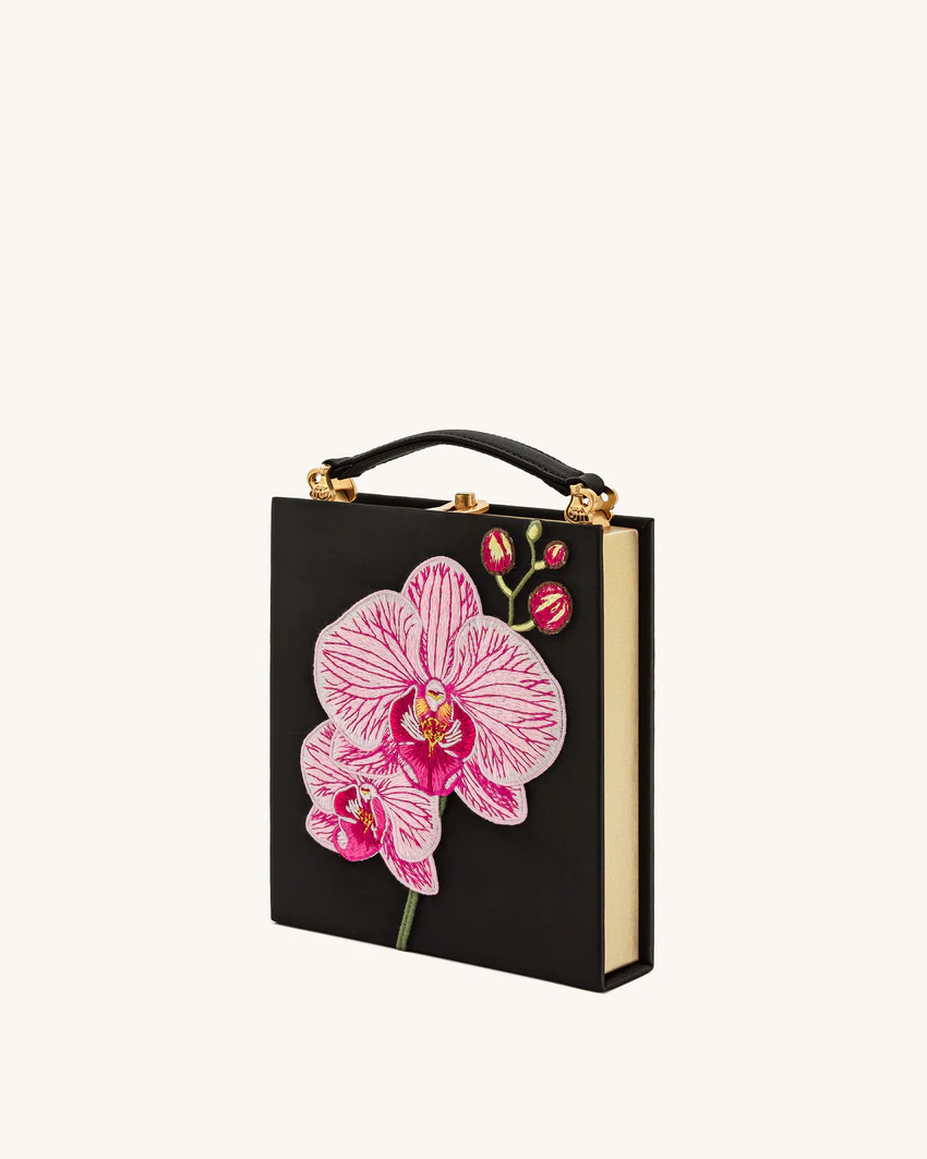 Taya Orchid Motif  Book Shape Clutch Bag - Black