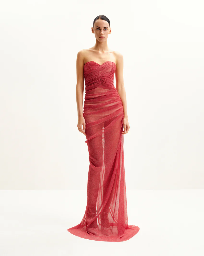 Mia Strapless Sheer Glitter Gown - Scarlet