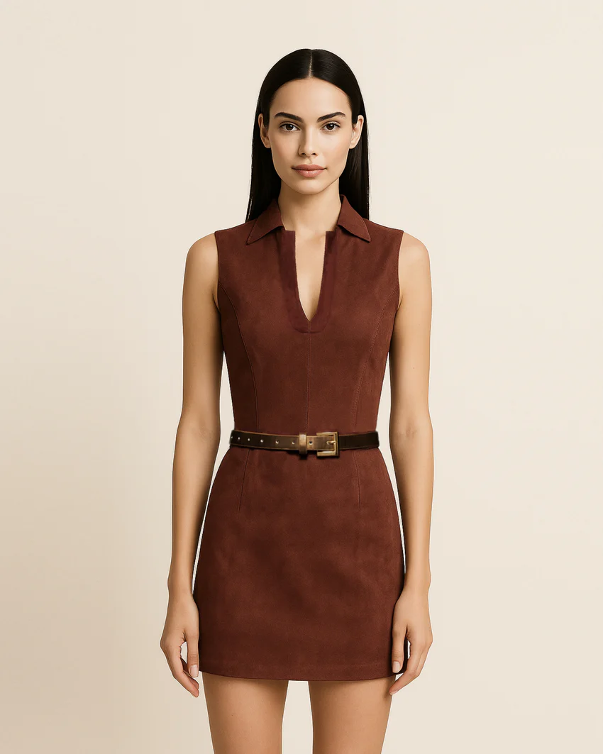Ariana Sleeveless Suedes Mini Dress - Burgundy