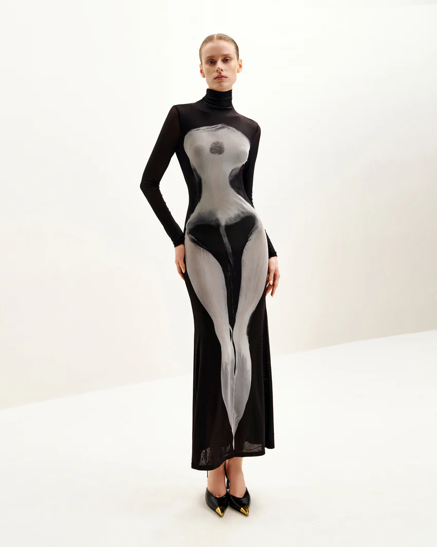 Eva Body Print Mesh Dress - Black and White