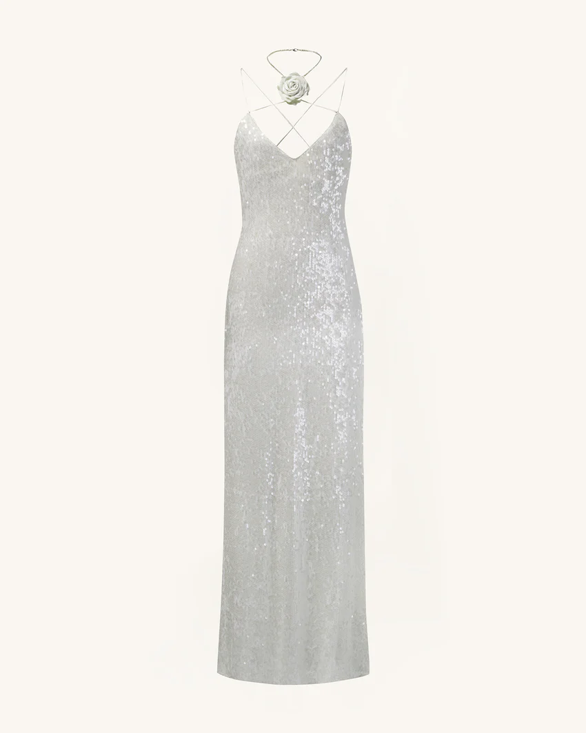 Heisey White Sequinned Rosette Maxi Dress - White