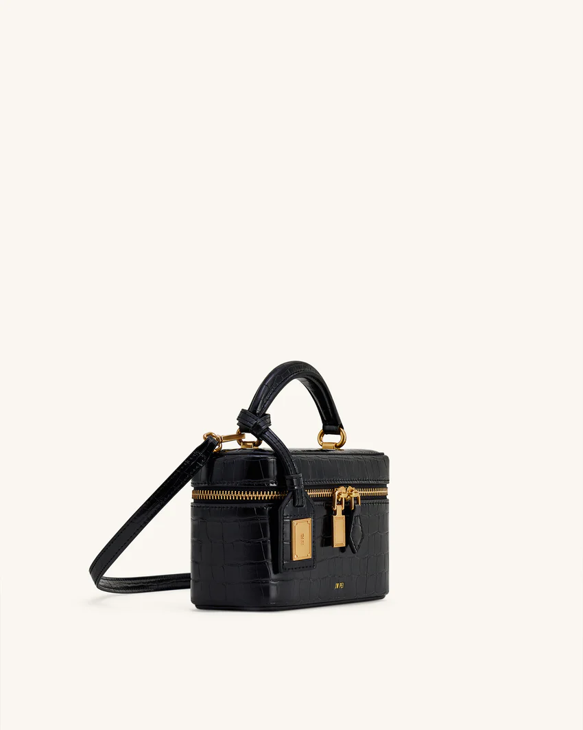 Cleo Box Shape Top Handle Bag - Black Croc