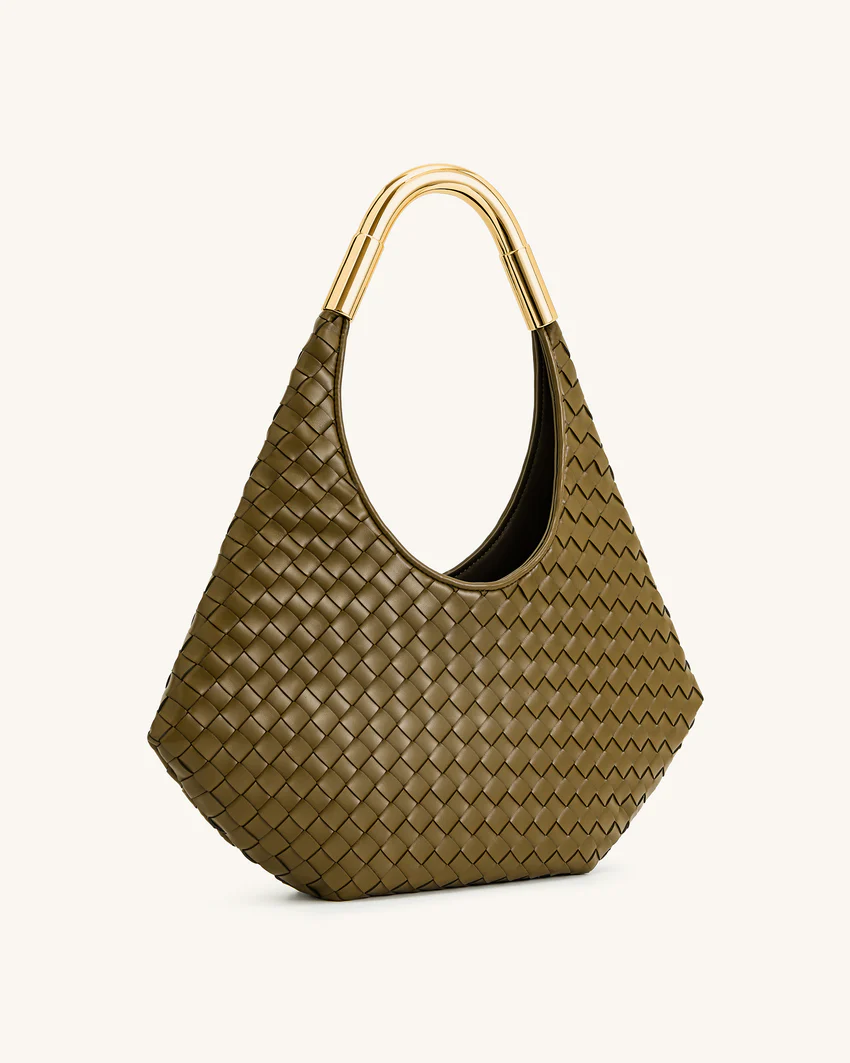 Olivia Hand-Woven Metal Handle Hobo Bag - Olive Green