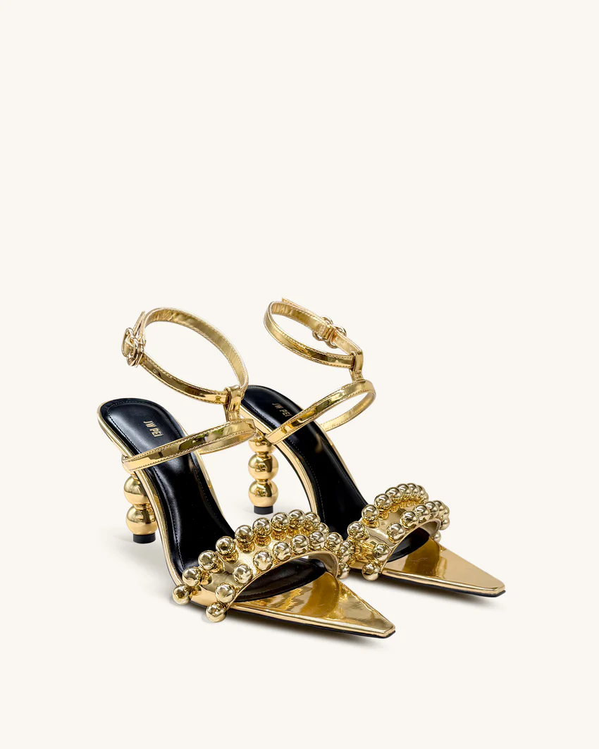 Mia Strappy High Heels With Beaded Detail - Gold