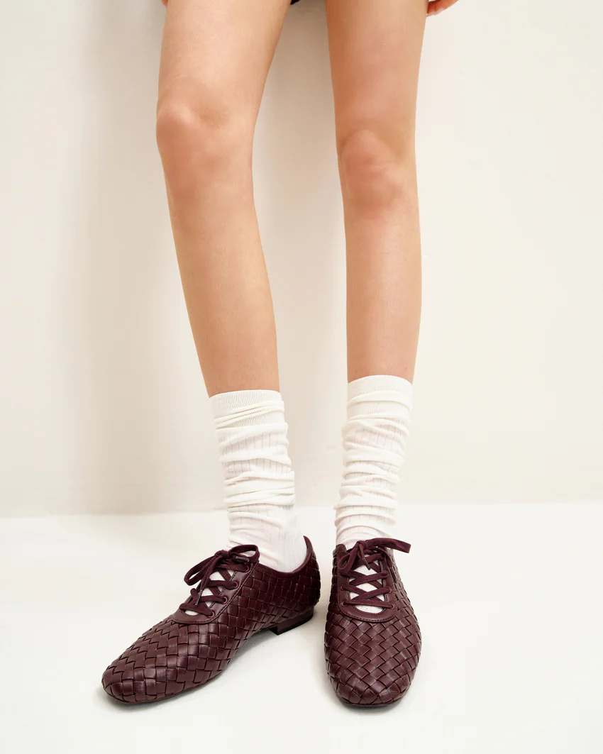 Kayla Weave Strap Flat Shoes - Claret Red