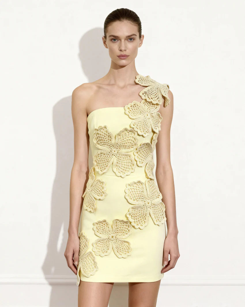 Crochet Floral Appliqué Mini Dress - Yellow